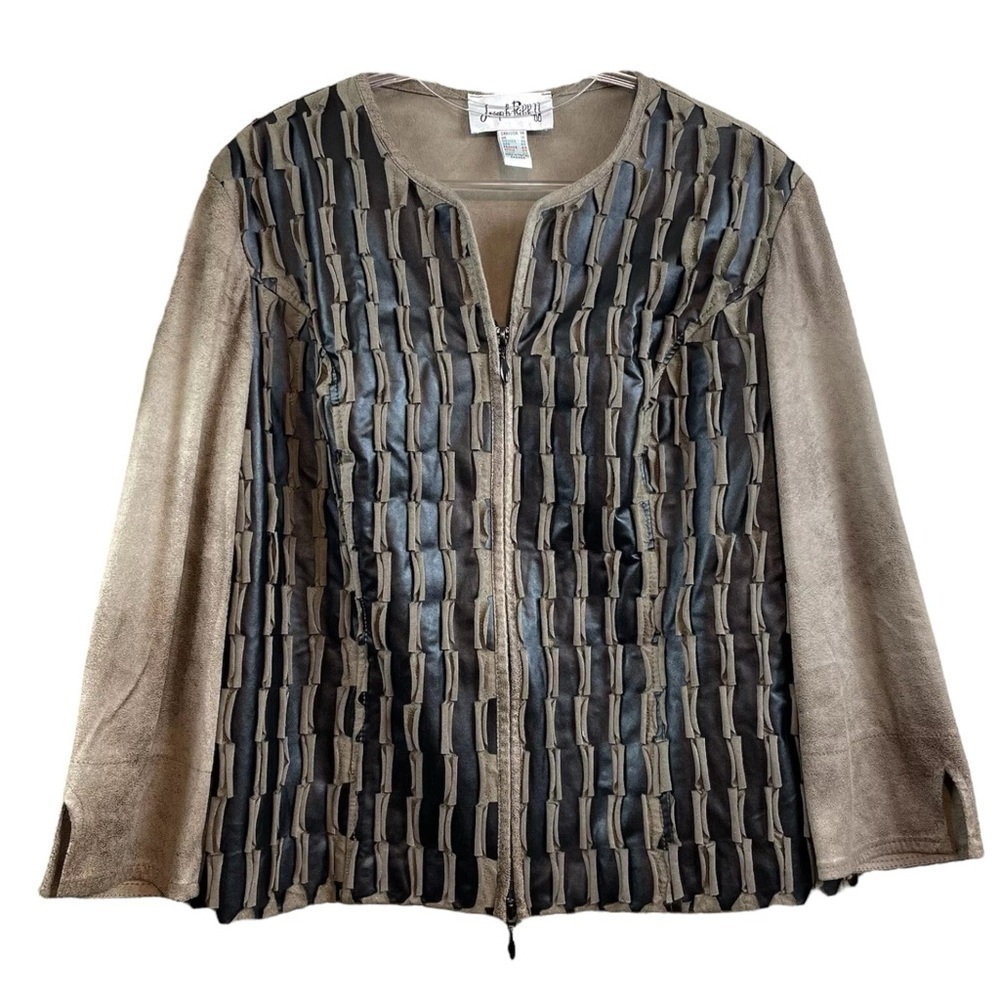 Joseph Ribkoff Faux Suede Leather Textured Jacket Brown Black Art Wear Size 14